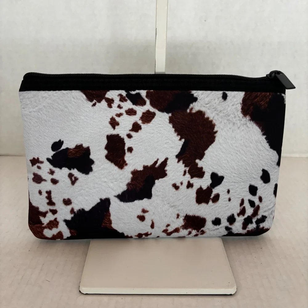 Makeup Bag Women Small Brown White Cow Print‎ Faux Cowhide Western Pouch